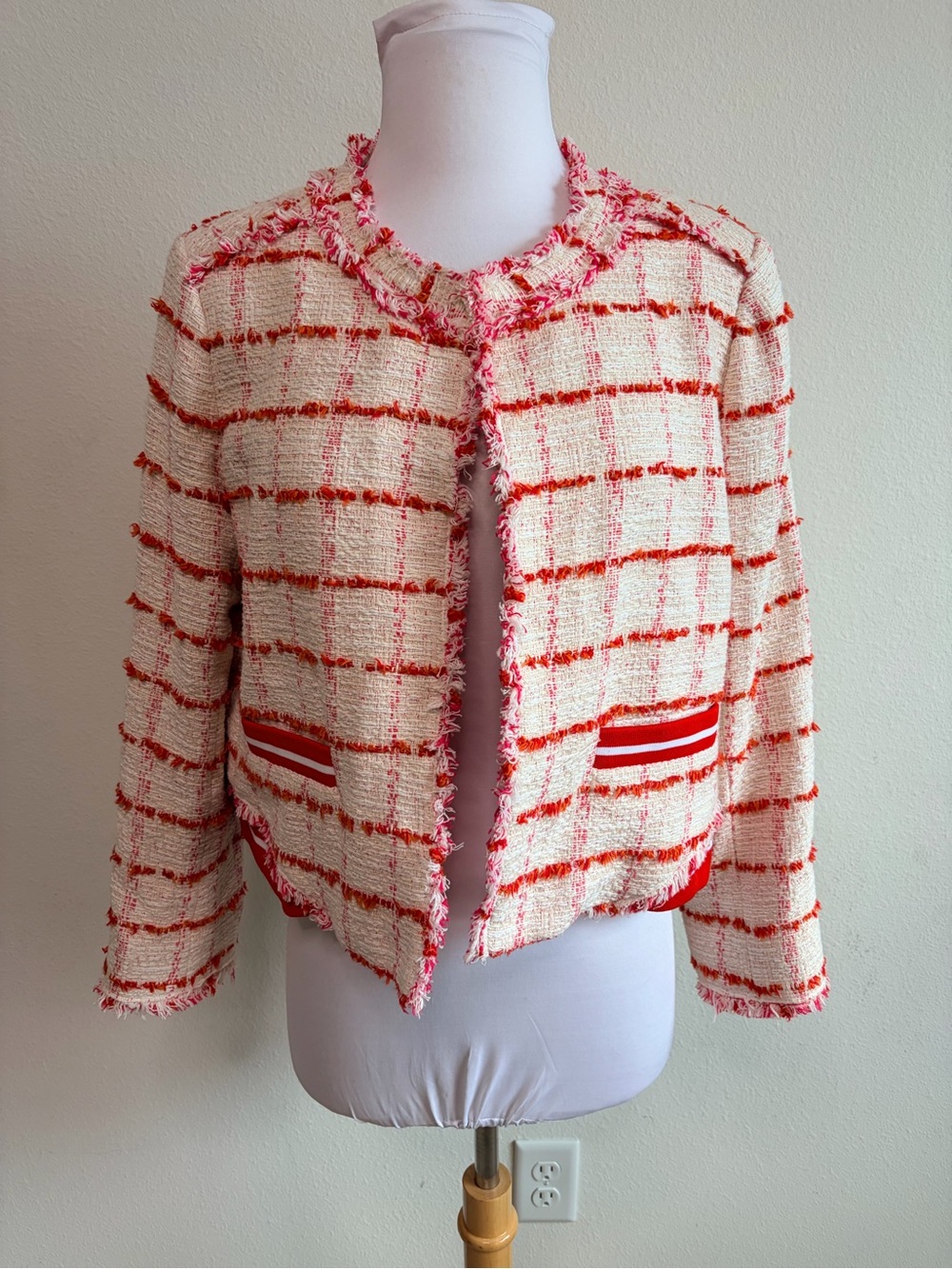 Pinko Cream and Coral Tweed Fringe Jacket - Picture 7 of 10